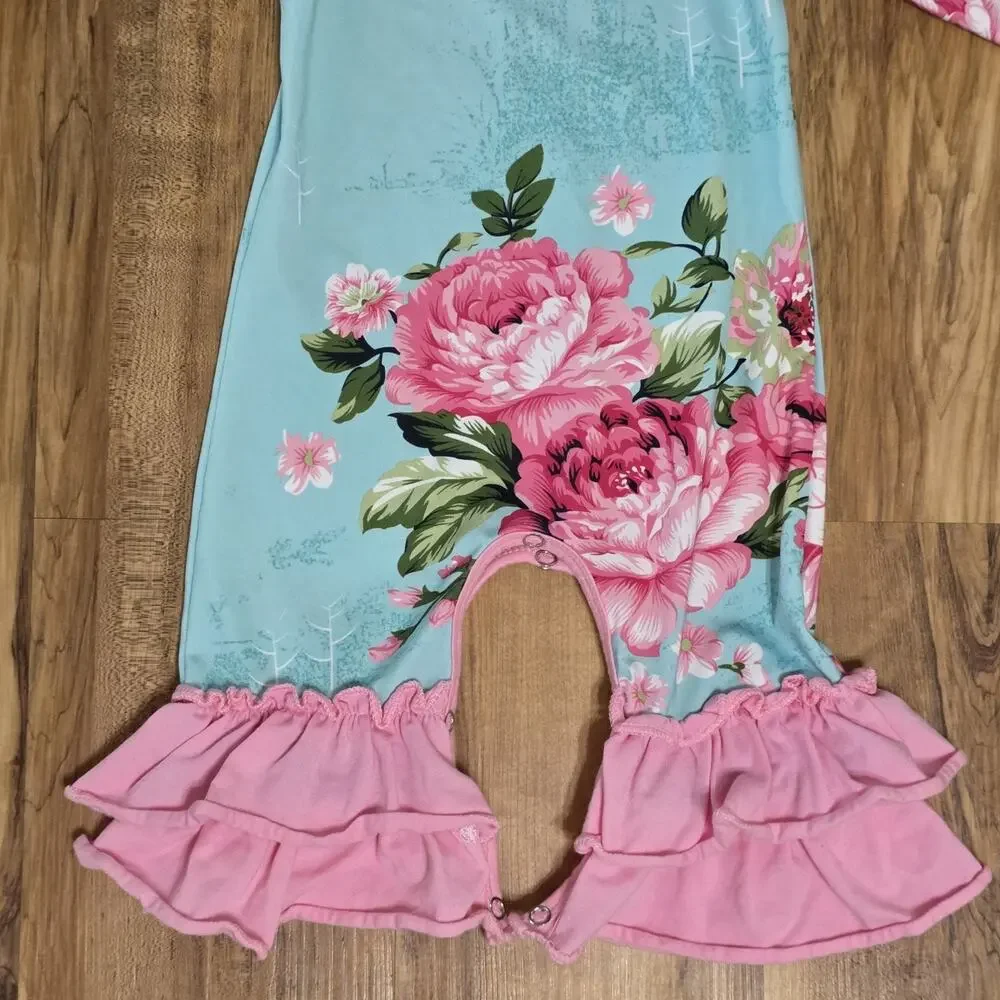Baby Girl Blue Pink Floral Romper Long Sleeve Ruffle Bell Bottom One Piece